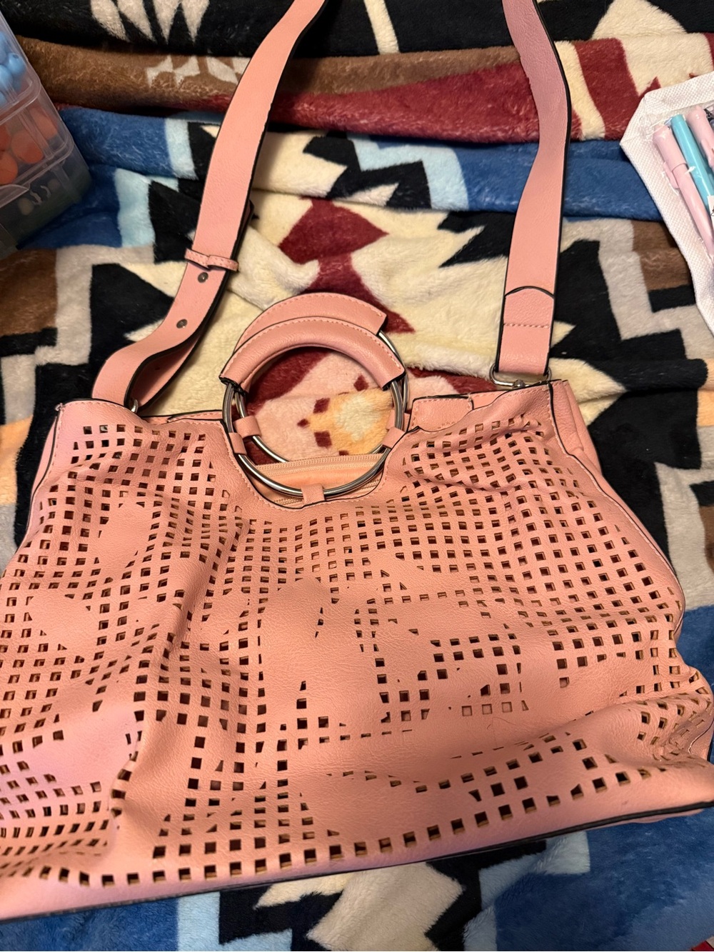 Pink Cutout Ring-Handle Shoulder Bag